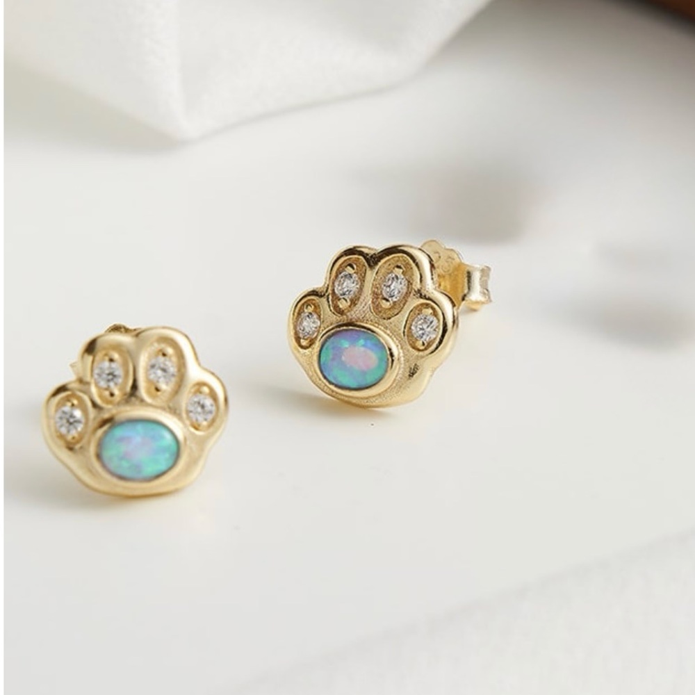 925 Sterling Silver Gold Paw Stud Earrings with Opal and Crystals E-10-2528